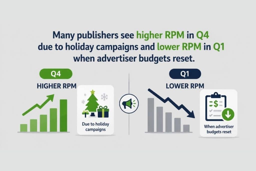 Image showing how seasonal and market demand changes affects publisher revenue. 
Industry trends, economic conditions, privacy changes, and campaign cycles can also affect programmatic demand.
