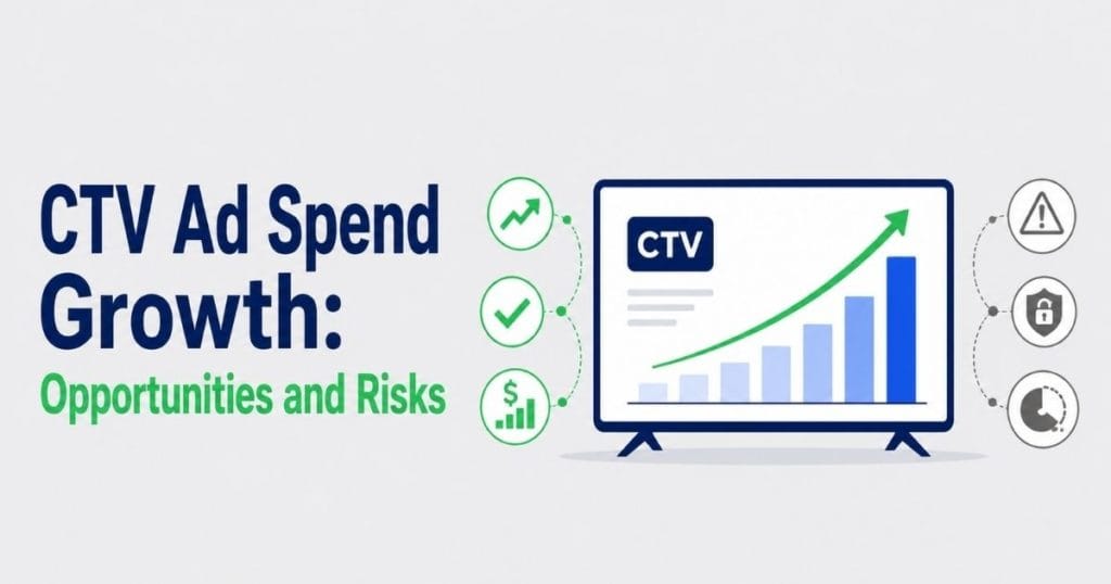 CTV ad spend growth shown with a rising TV chart opportunity icons and risk symbols for fraud privacy and viewer fatigue