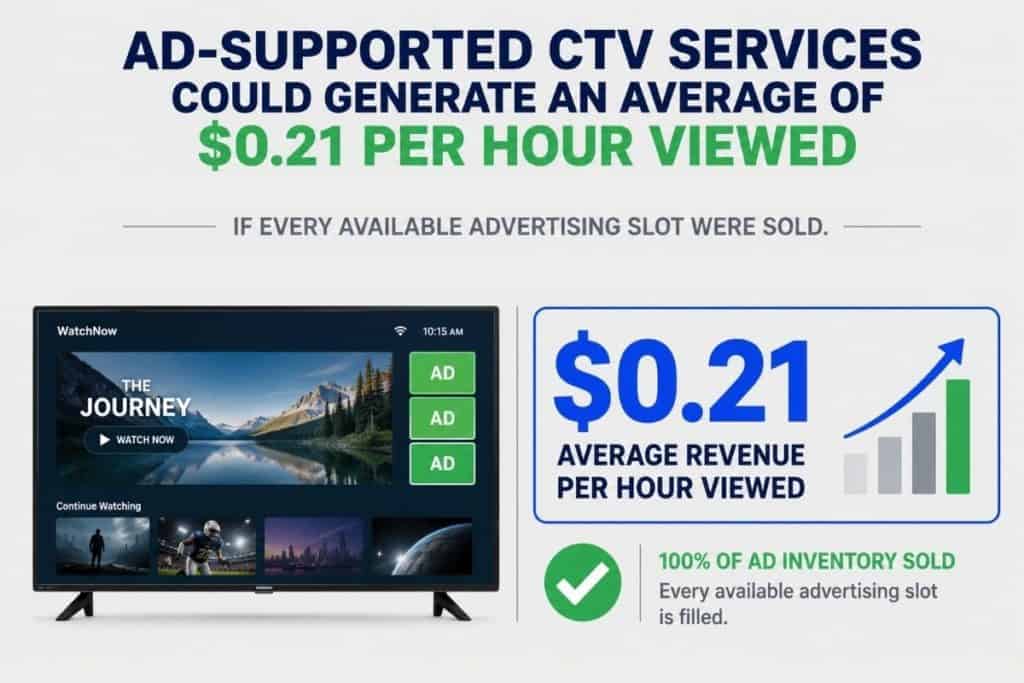 Infographic showing ad supported CTV services earning 21 cents per hour viewed when all available advertising slots are sold