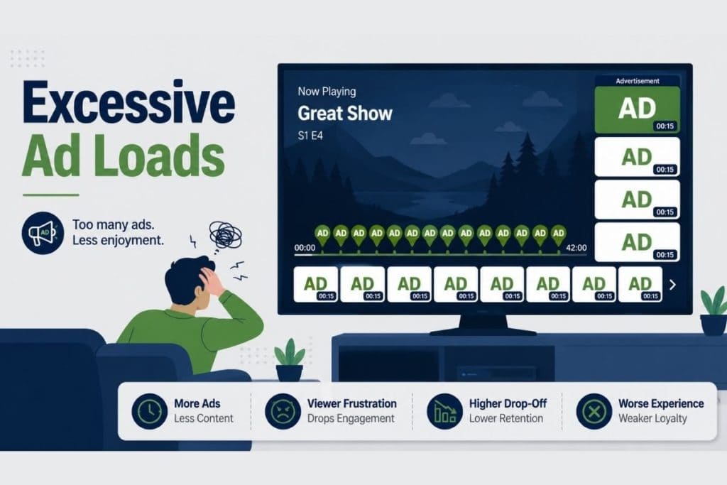 Frustrated viewer faces a television packed with frequent ads showing how excessive ad loads reduce enjoyment engagement and retention