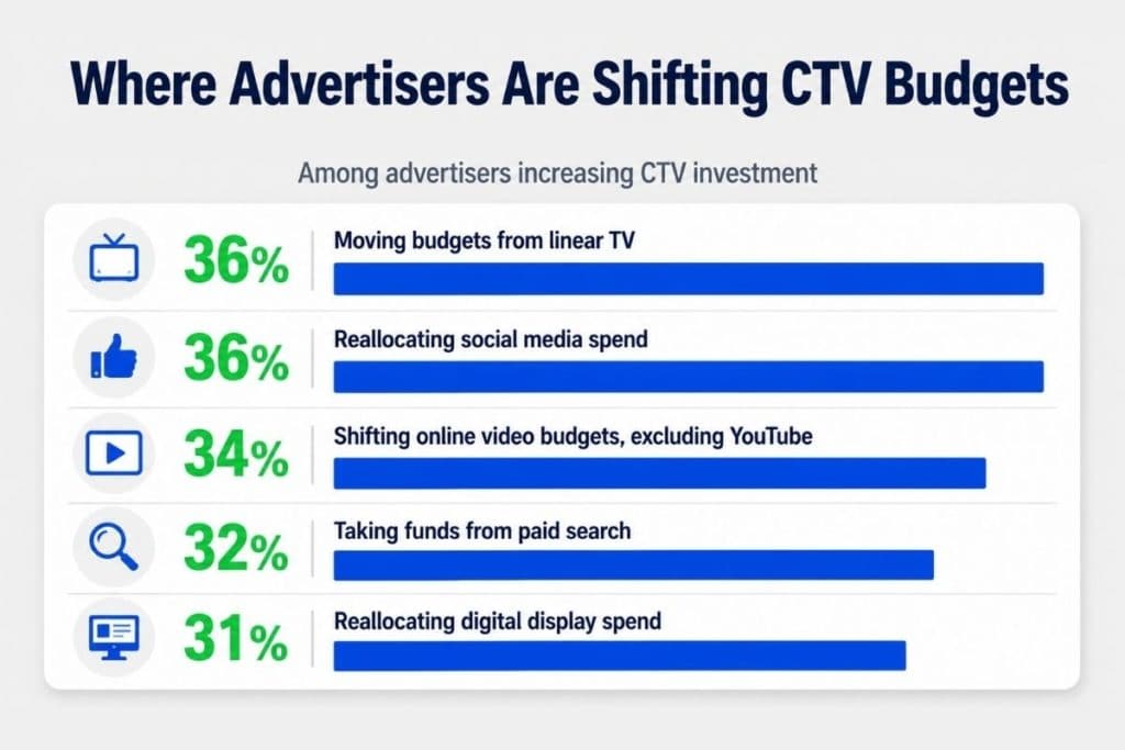 Infographic showing CTV budget shifts with 36 percent from linear TV 36 percent social media 34 percent online video 32 percent search and 31 percent display