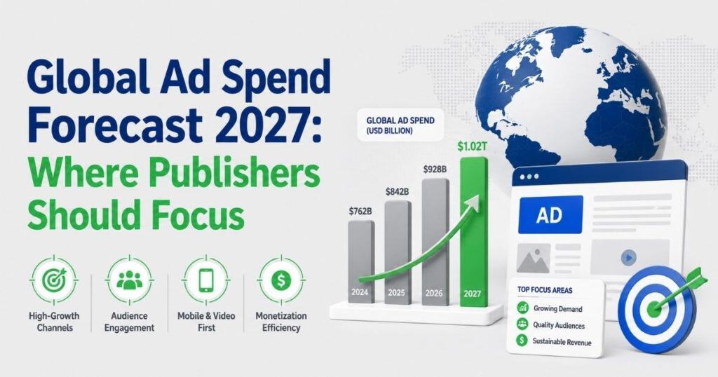 Global ad spend forecast 2027 showing rising ad revenue bars globe publisher website and focus areas for audience video and monetization