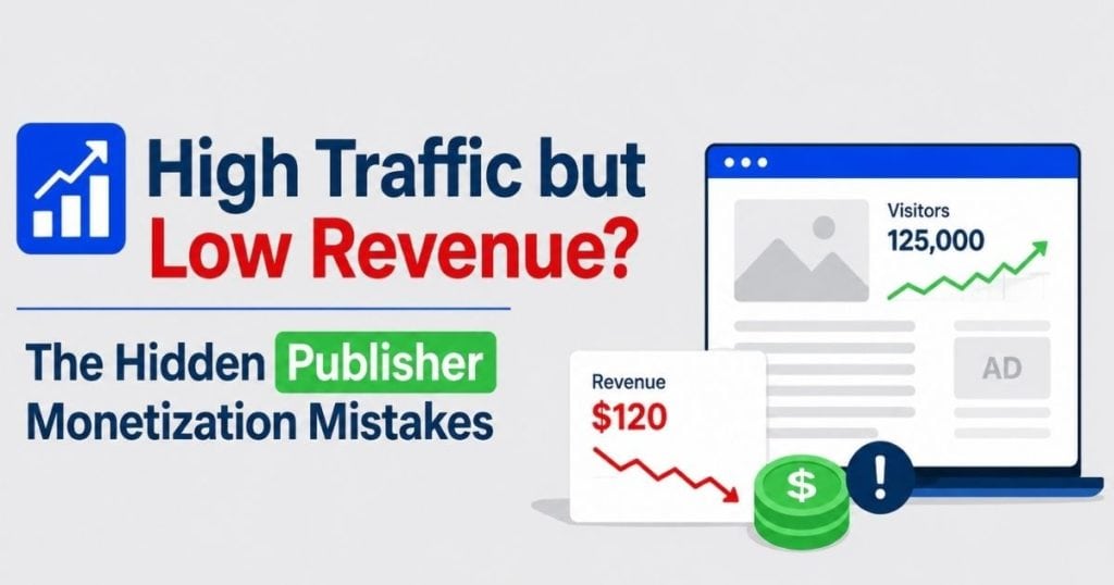  High traffic but low revenue publisher monetization graphic showing rising visitors falling earnings dashboard and warning icons