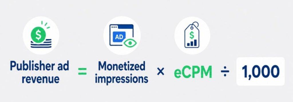  Publisher ad revenue formula showing monetized impressions multiplied by eCPM and divided by one thousand to calculate earnings