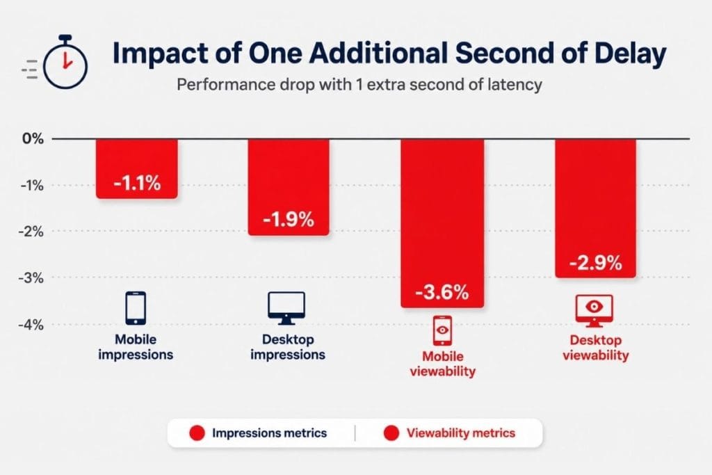 Graph showing one second delay reducing mobile impressions 1.1 percent desktop impressions 1.9 percent mobile viewability 3.6 percent desktop 2.9 percent