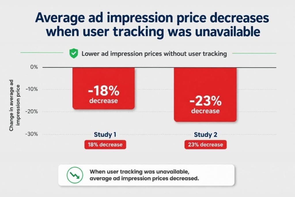 Graph showing average ad impression prices falling 18 percent in study one and 23 percent in study two when user tracking was unavailabl