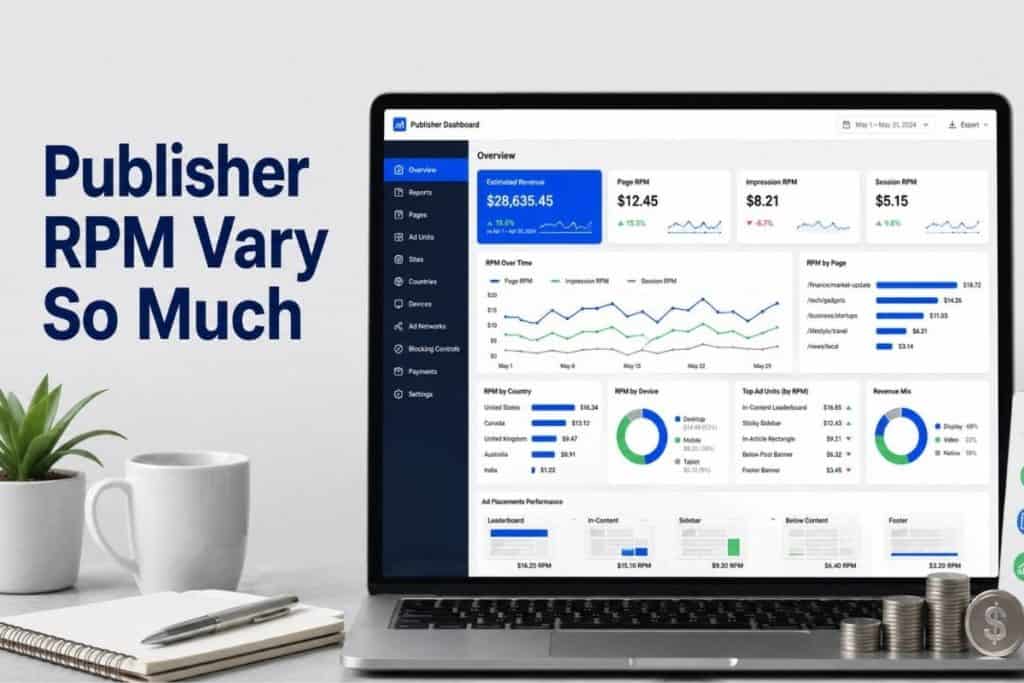 Publisher RPM analytics dashboard showing revenue variations by traffic source country device ad placement content niche and seasonality

