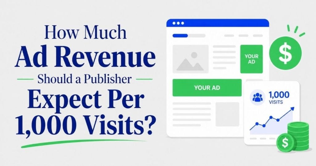 Illustration of publisher ad revenue per 1000 visits with website ad placements analytics graph traffic icon and revenue coins