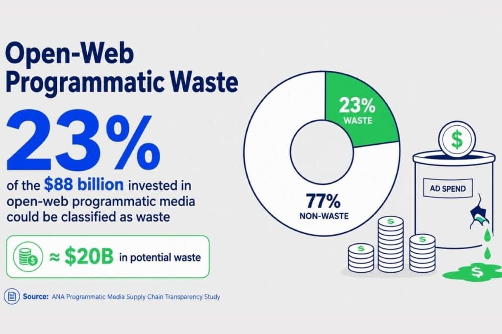 Infographic showing 23 percent of 88 billion dollars spent on open web programmatic media classified as waste with chart coins ad spend leak and source note