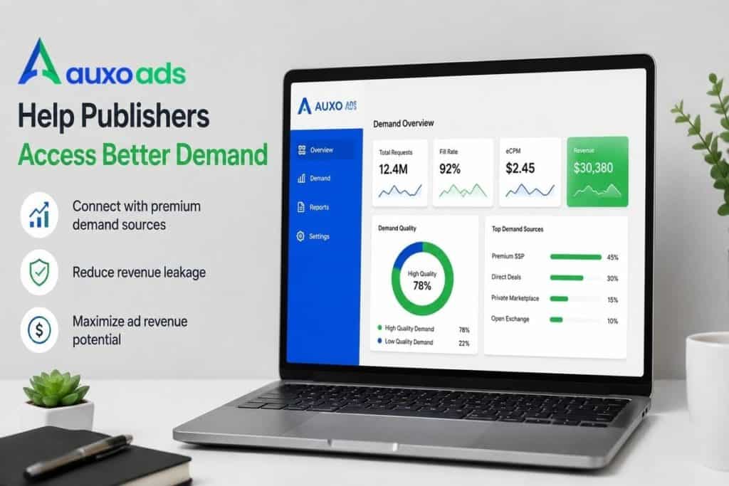 Auxo Ads dashboard helping publishers access better demand sources reduce revenue leakage improve fill rates and maximize programmatic ad revenue growth