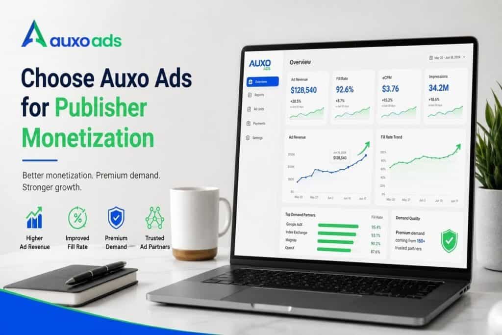 Realistic workspace image showing Auxo Ads helping publishers improve monetization with premium demand higher ad revenue better fill rates and growth