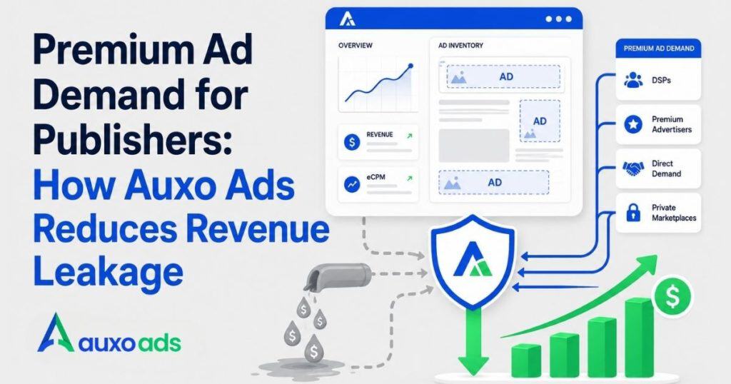 Premium ad demand for publishers showing Auxo Ads reducing revenue leakage by connecting quality demand sources and improving publisher ad revenue growth