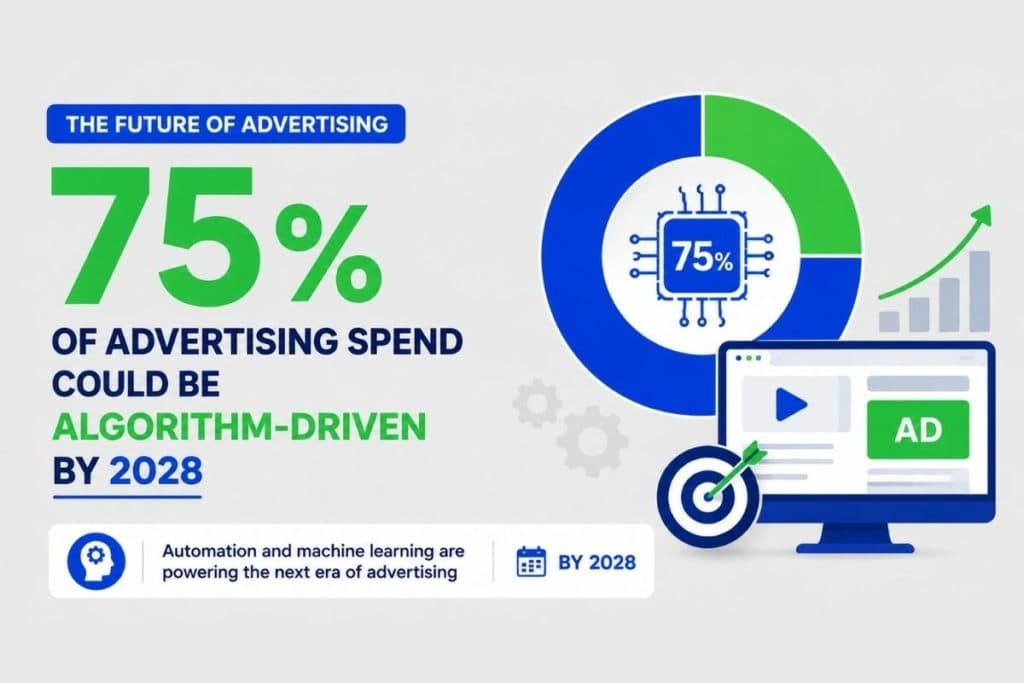 Infographic showing 75 percent of advertising spend could be algorithm driven by 2028 with AI automation charts and digital advertising visu