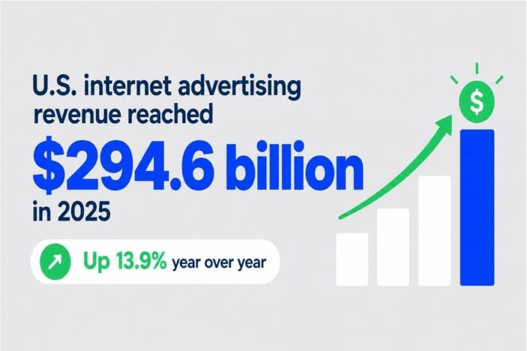 Infographic showing US internet advertising revenue reaching 2946 billion dollars in 2025 with 139 percent year over year growth and rising chart