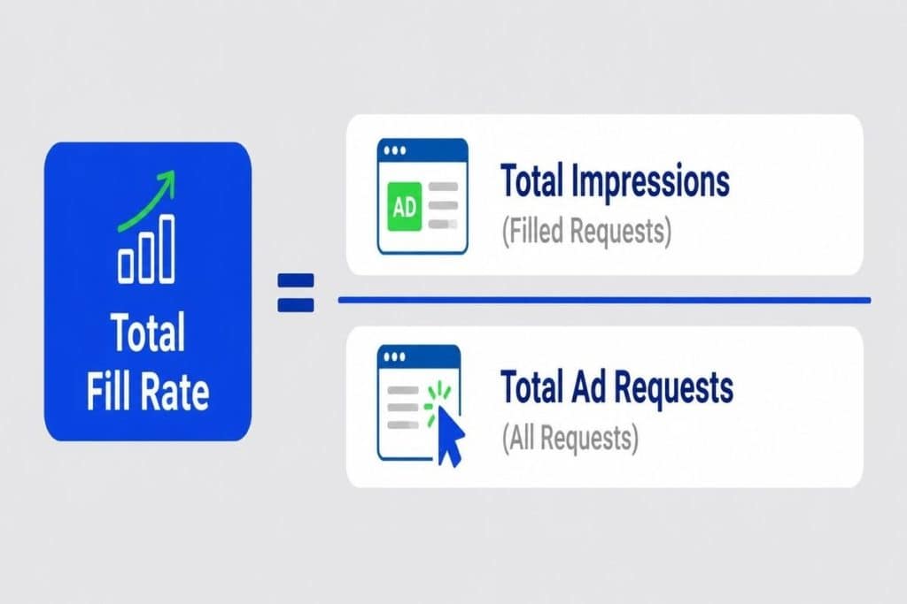 Infographic showing total fill rate formula with total impressions over total ad requests in a clean horizontal layout on a grey background design