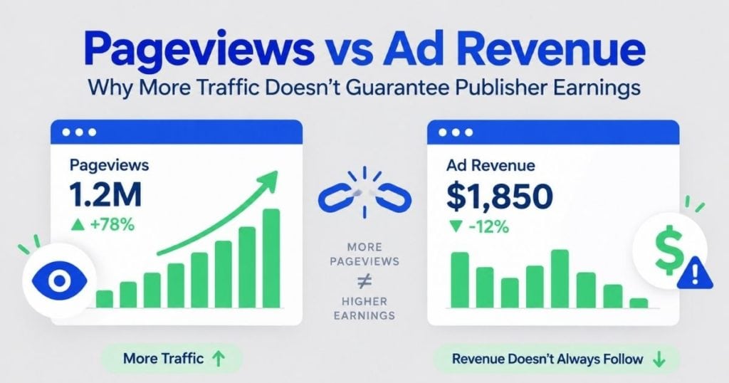 Illustration comparing rising pageviews with declining ad revenue showing that more website traffic does not always increase publisher earnings