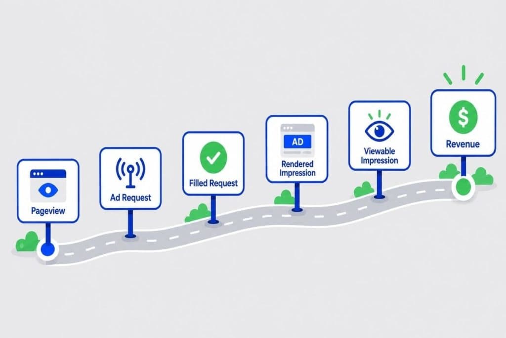 Pathway infographic showing pageview ad request filled request rendered impression and viewable impression milestones leading toward publisher revenue