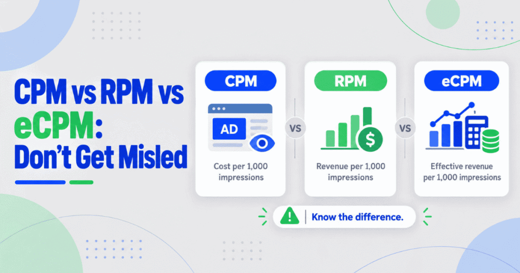 CPM vs RPM vs eCPM infographic explaining cost revenue and effective revenue per one thousand impressions for publishers
