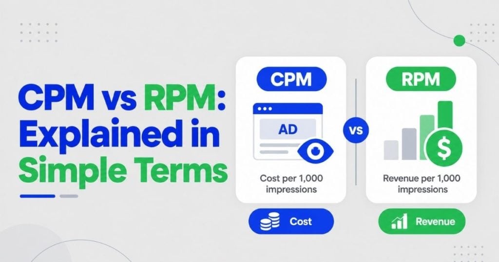 CPM vs RPM infographic comparing cost per one thousand ad impressions with publisher revenue per one thousand impressions using blue and green charts