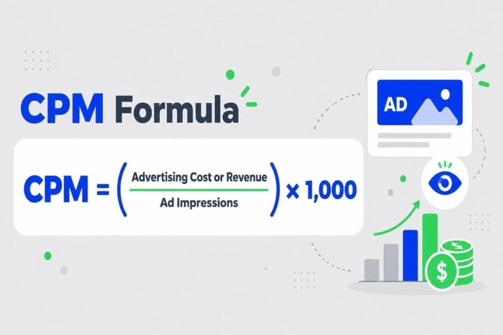 CPM formula showing advertising cost or revenue divided by ad impressions multiplied by one thousand with ad revenue and impression icons