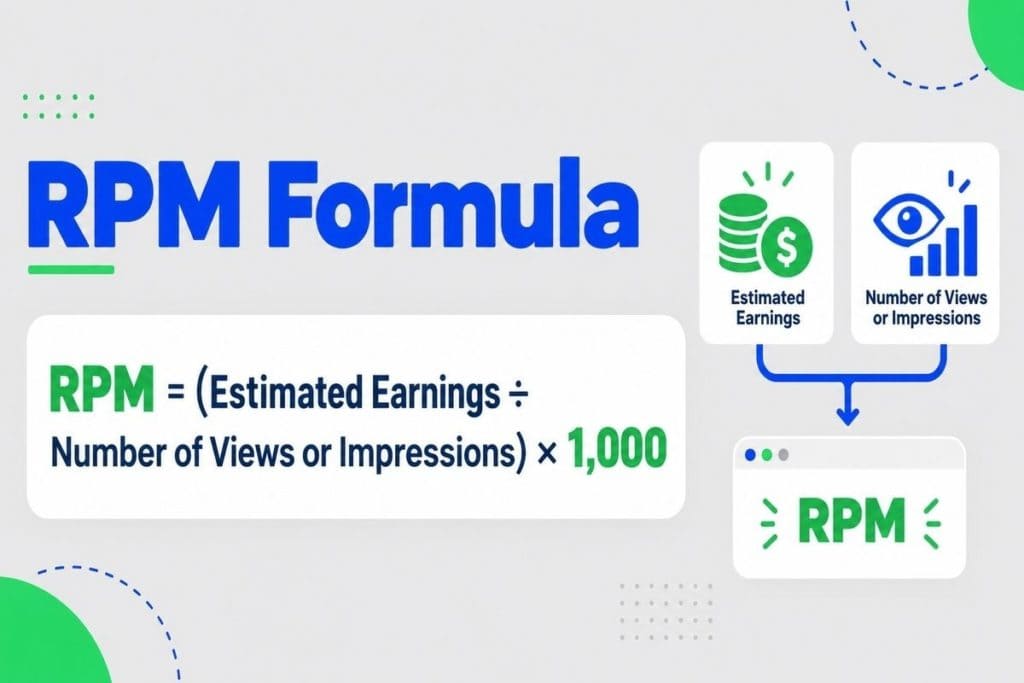 RPM formula infographic showing estimated earnings divided by views or impressions multiplied by one thousand to calculate publisher revenue per thousand