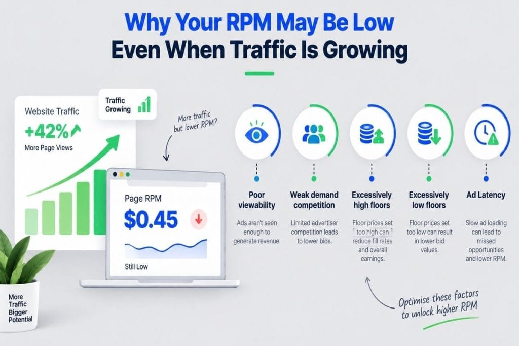 Infographic showing rising website traffic with low page RPM caused by poor viewability weak demand competition high or low floors and ad latency issues