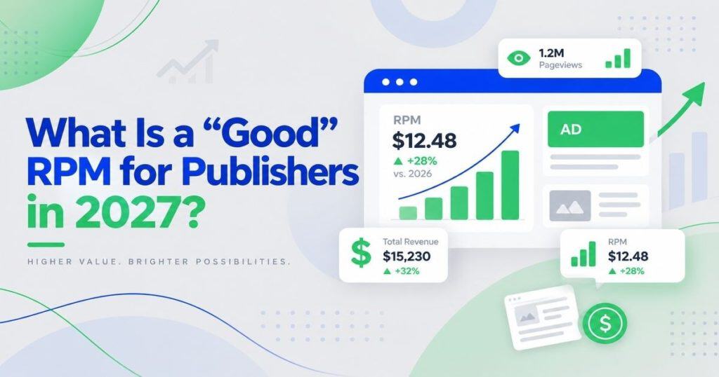 Publisher RPM dashboard showing rising ad revenue pageviews and performance charts for 2027 using blue green white and grey visual elements for publishers