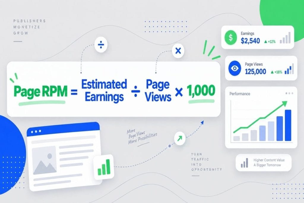 Creative horizontal infographic on grey background showing Page RPM formula with blue and green text charts earnings page views and growth panels for publishers