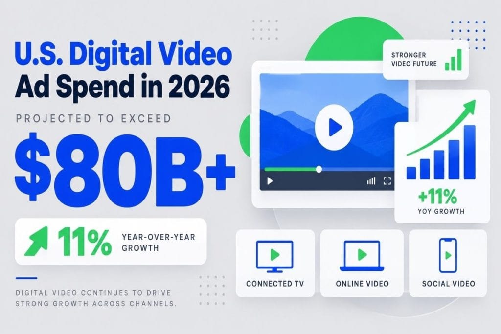 Infographic showing US digital video ad spend projected to exceed 80 billion in 2026 with 11 percent year over year growth across major video channels